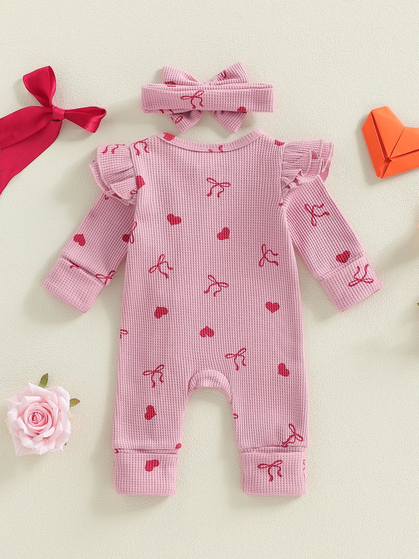 Baby Girls 2Pcs Valentine's Day Romper Outfit Heart Print Ruffle Long Sleeve Jumpsuits Bow Headband Set