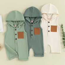 Load image into Gallery viewer, Baby Girls Boys Sleeveless Romper Button Pocket Patch Hooded Jumpsuit Spring Summer
