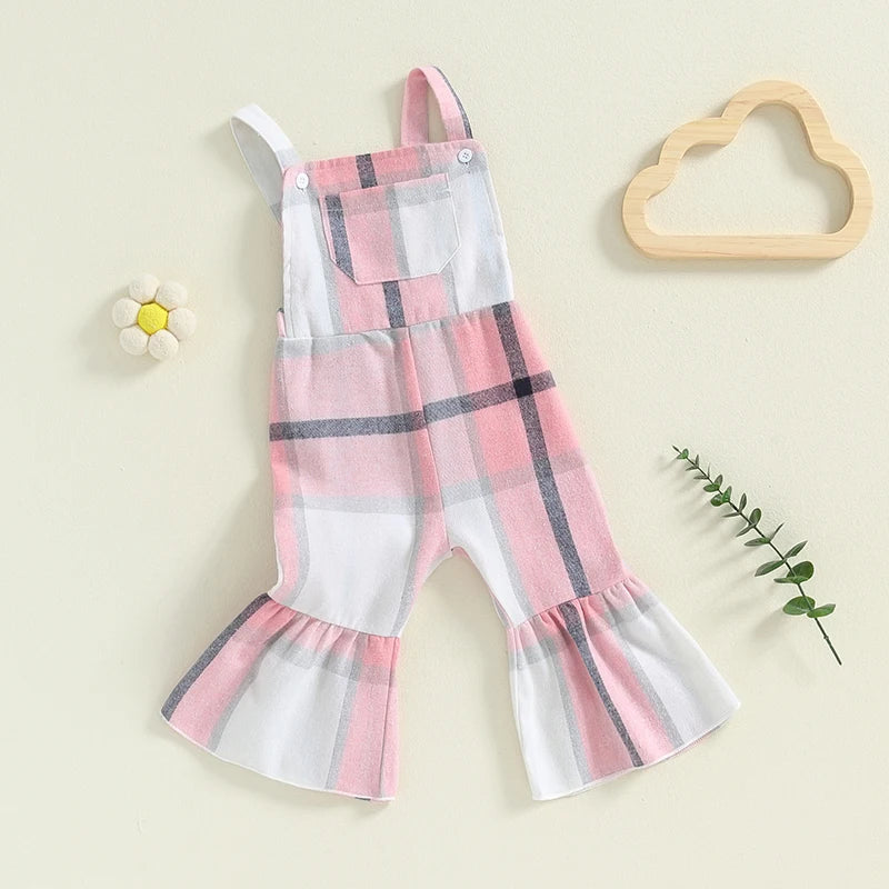 Baby Toddler Girls Plaid Overalls Casual Square Neck Sleeveless Bell Bottom Jumpsuit Romper