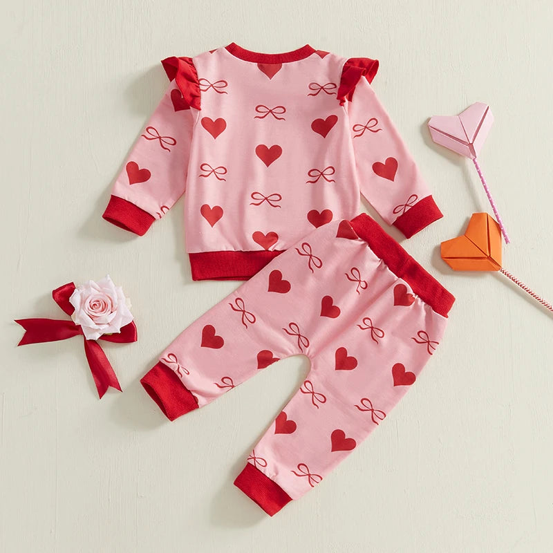 Baby Toddler Girls 2Pcs Valentine's Day Outfit Bow Heart Print Ruffle Long Sleeve Top and Elastic Jogger Pants Valentines Set