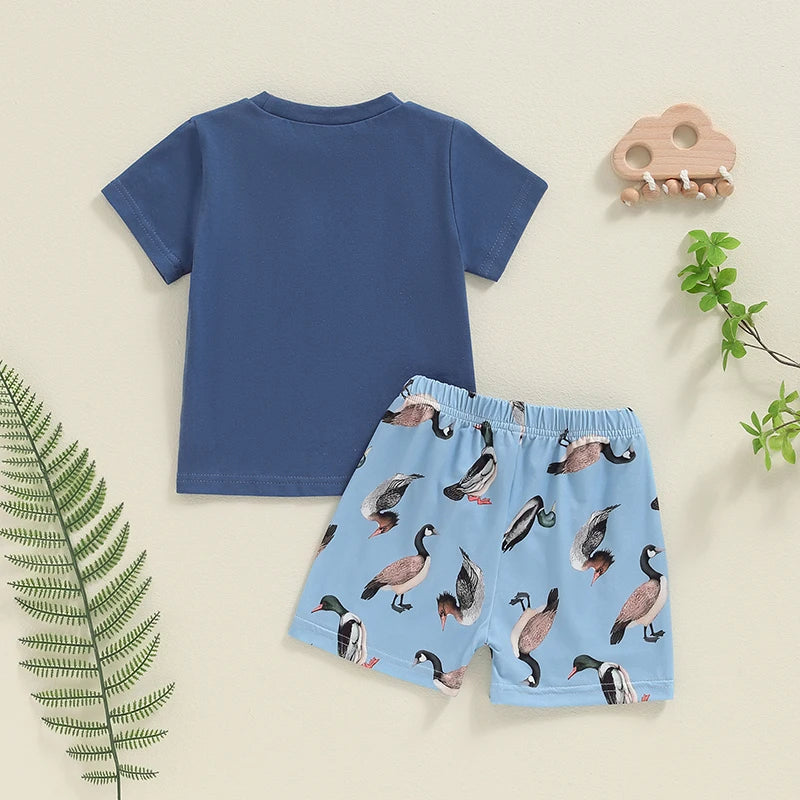 Baby Toddler Boys 2Pcs Summer Outfit Duck Print Short Sleeve Top Pocket Elastic Waist Shorts Set