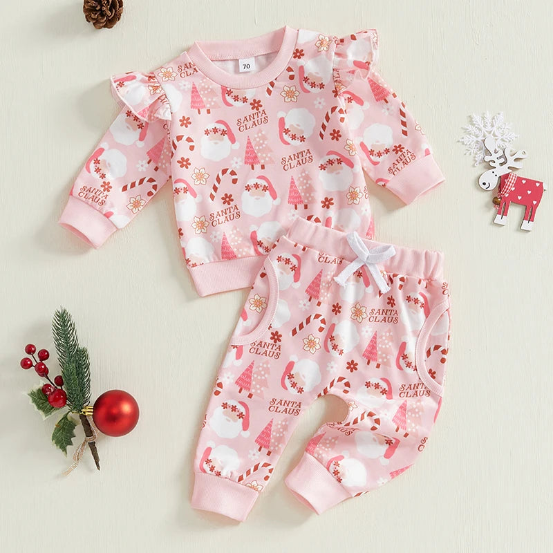 Baby Toddler Girls 2Pcs Pink Christmas Jogger Set All-over Santa Claus Print Ruffled Long Sleeve Top Long Pants Outfit