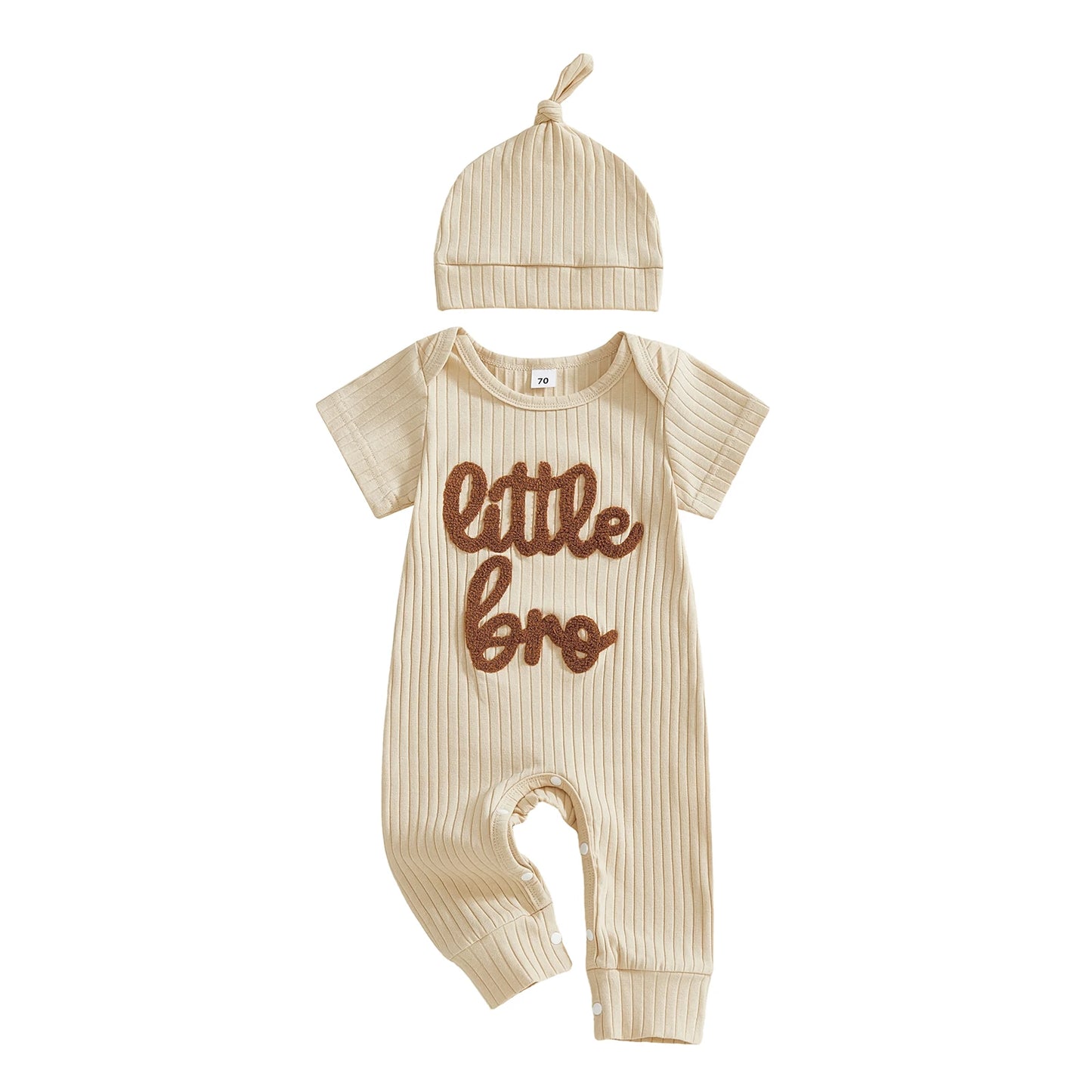 Baby Boy 2Pcs Little Bro Short Sleeve Romper Ribbed Letter Embroidery Round Neck Infant Jumpsuit with Hat Set