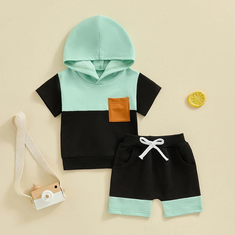 Toddler Baby Boy 2Pcs Color Block Short Sleeve Hooded Top Jogger Shorts Set Summer Outfits