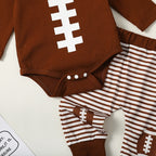 Baby Boy Girl 3Pcs Football Outfit Long Sleeve Romper Stripe Elastic Pants Hat Clothes Set