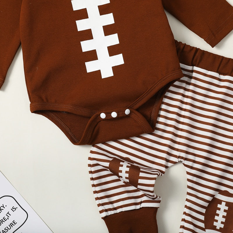 Baby Boy Girl 3Pcs Football Outfit Long Sleeve Romper Stripe Elastic Pants Hat Clothes Set
