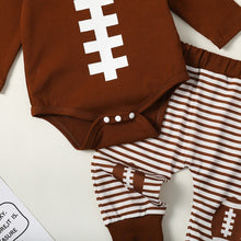 Load image into Gallery viewer, Baby Boy Girl 3Pcs Football Outfit Long Sleeve Romper Stripe Elastic Pants Hat Clothes Set
