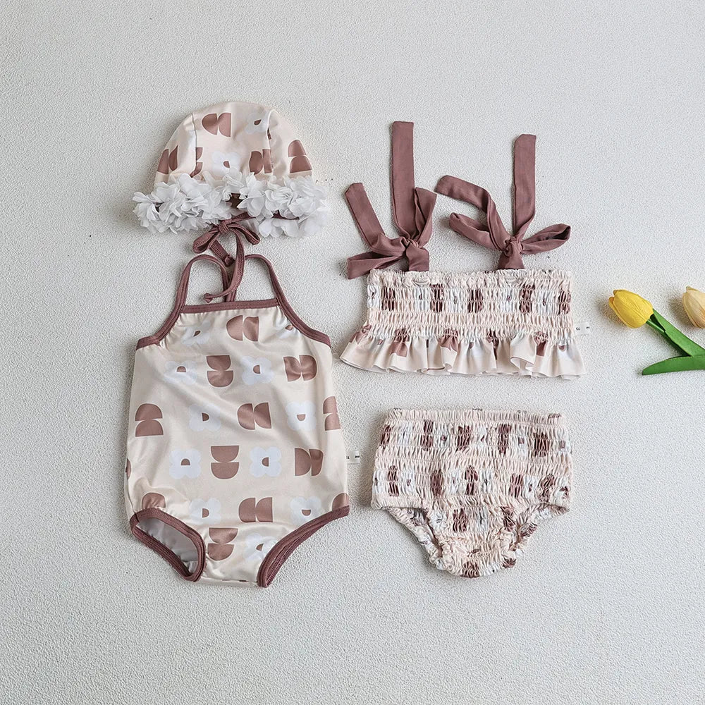 Baby Girls Floral Bandage Swimsuit With Hat Set
