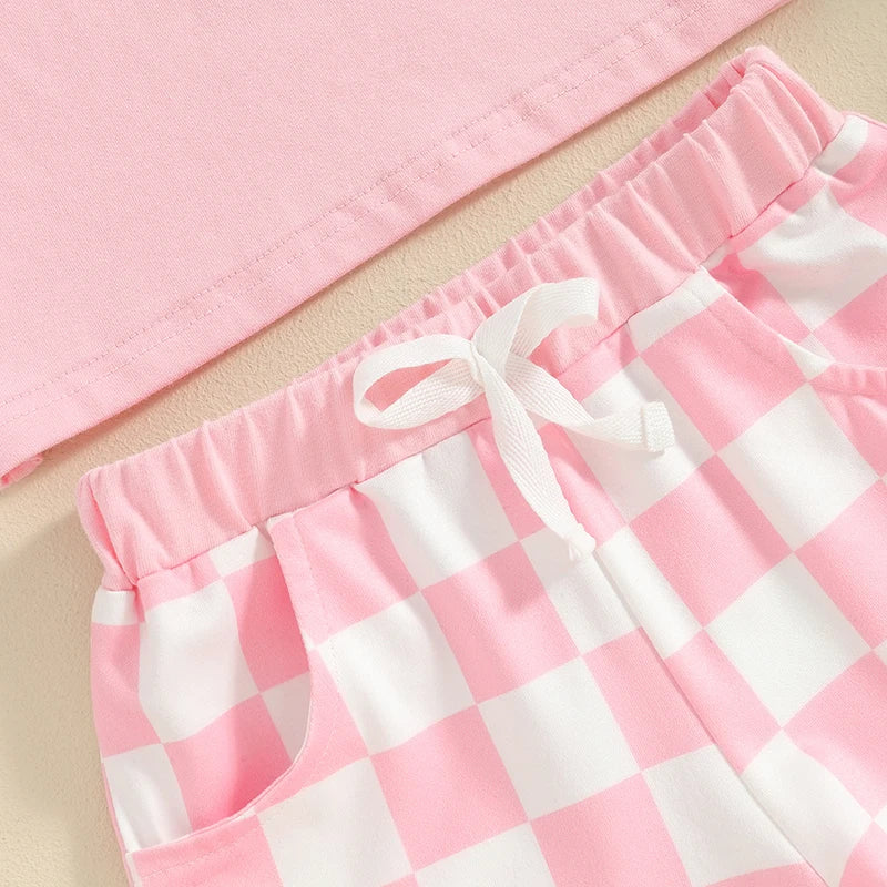 Baby Toddler Girl 2Pcs Shorts Outfit Checkered Print Short Sleeve Pocket Top with Checker Elastic Waist Shorts Set