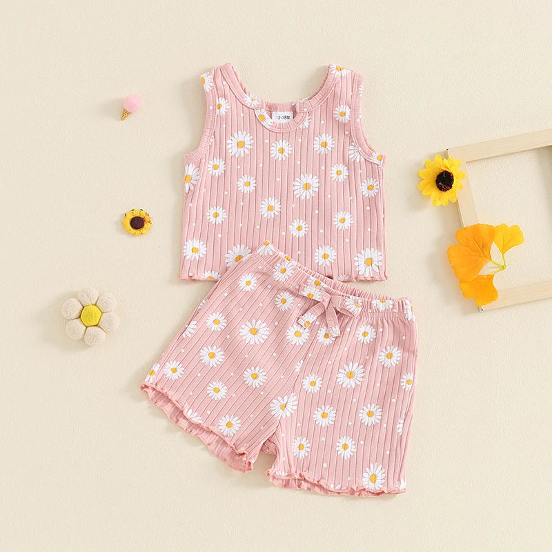 Baby Toddler Kids Girls 2Pcs Summer Clothes Set Sleeveless U Neck Flower Daisy Print Tank Top Shorts Set