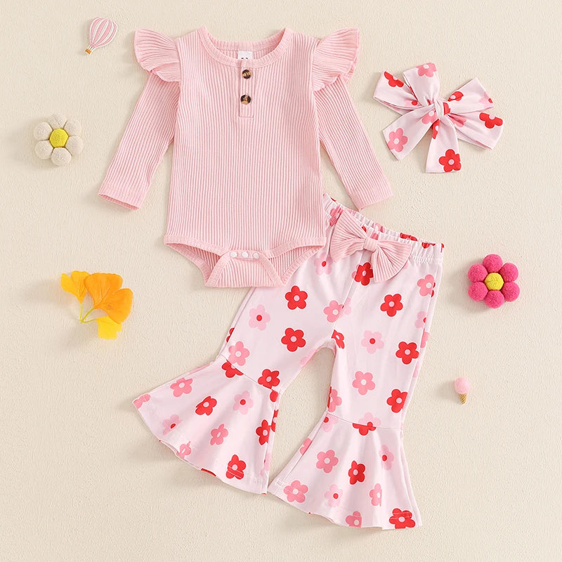 Baby Girl 3Pcs Fall Outfit Solid Color Ribbed Knit Long Sleeve Ruffle Shoulder Romper Flower Flared Pants Headband Set