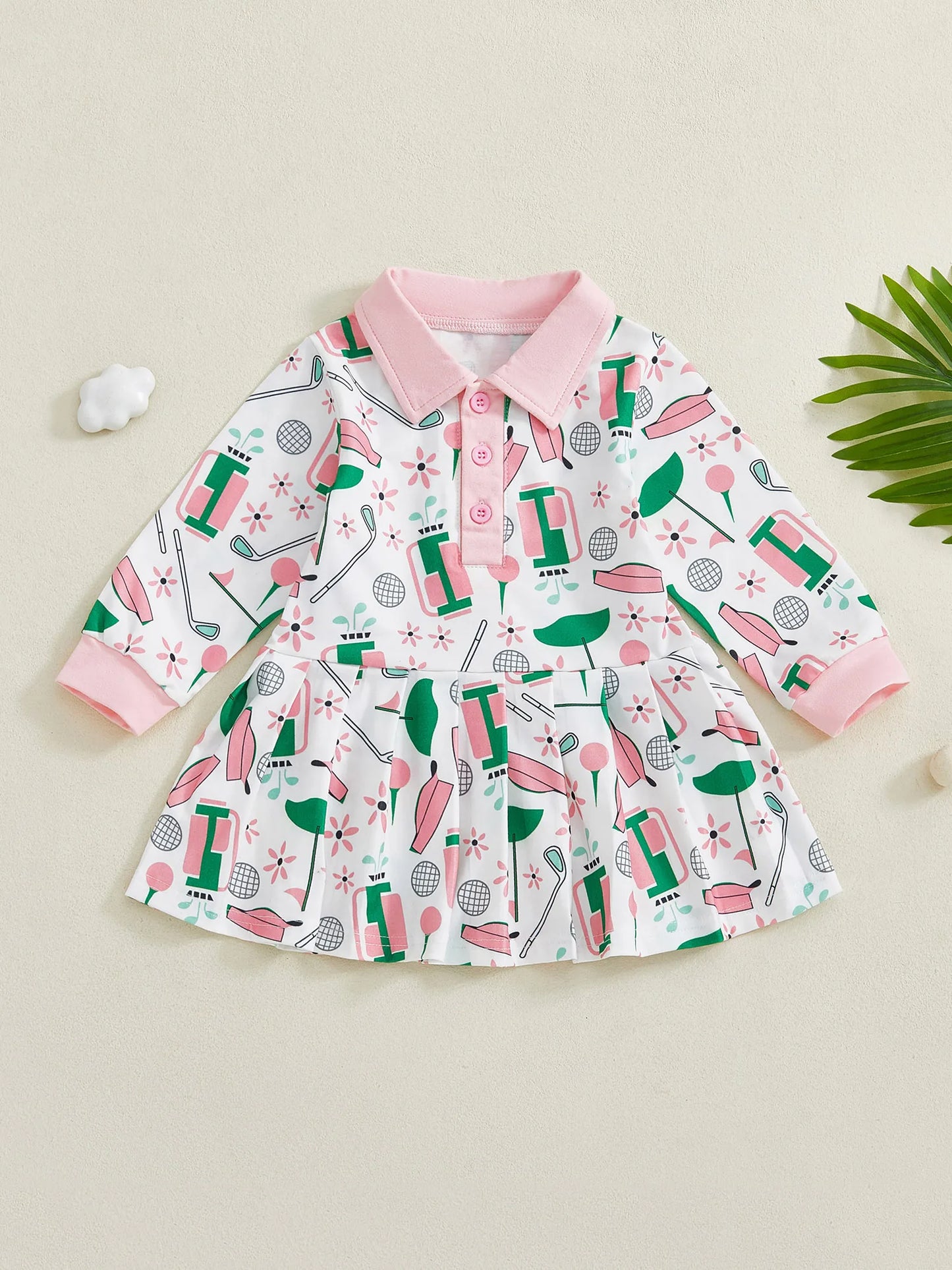 Baby Toddler Girl Golf Print Dress Lapel Button Front Long Sleeves A Line Dress