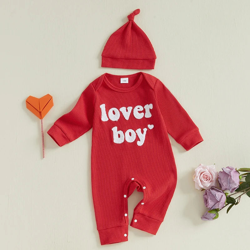 Baby Boy 2Pcs Lover Boy Romper Letter Heart Embroidery Valentines Long Sleeve Full Length Jumpsuit with Hat Valentine's Day Outfit Set