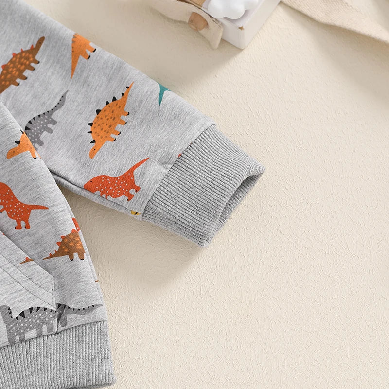 Baby Toddler Boys 2Pcs Fall Clothes Dinosaur Print Long Sleeve Hooded Top  with Elastic Waist Pants Outfit Set