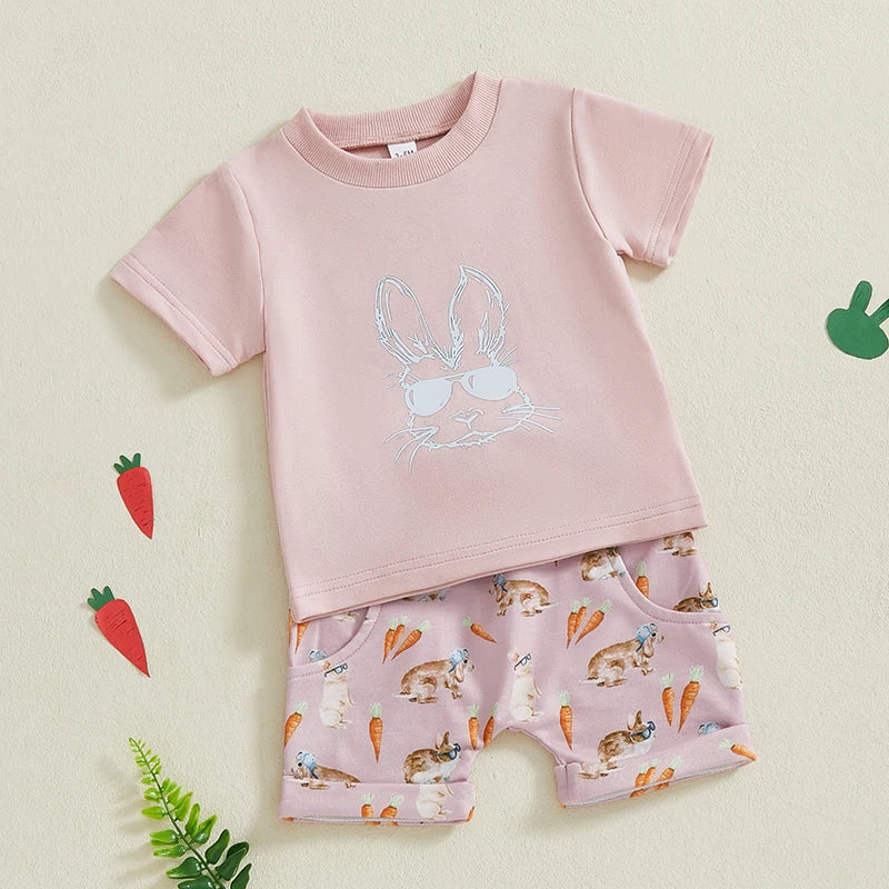 Baby Toddler Boys Girls 2Pcs Easter Outfit Bunny Rabbit Short Sleeve Shirt Spring Cute Clothes Shorts Set