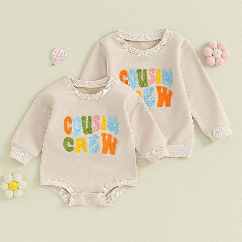 Toddler Baby Kids Boys Girls Fuzzy Letter Embroidery Cousin Crew Matching Long Sleeve Round Neck Pullover Loose Top