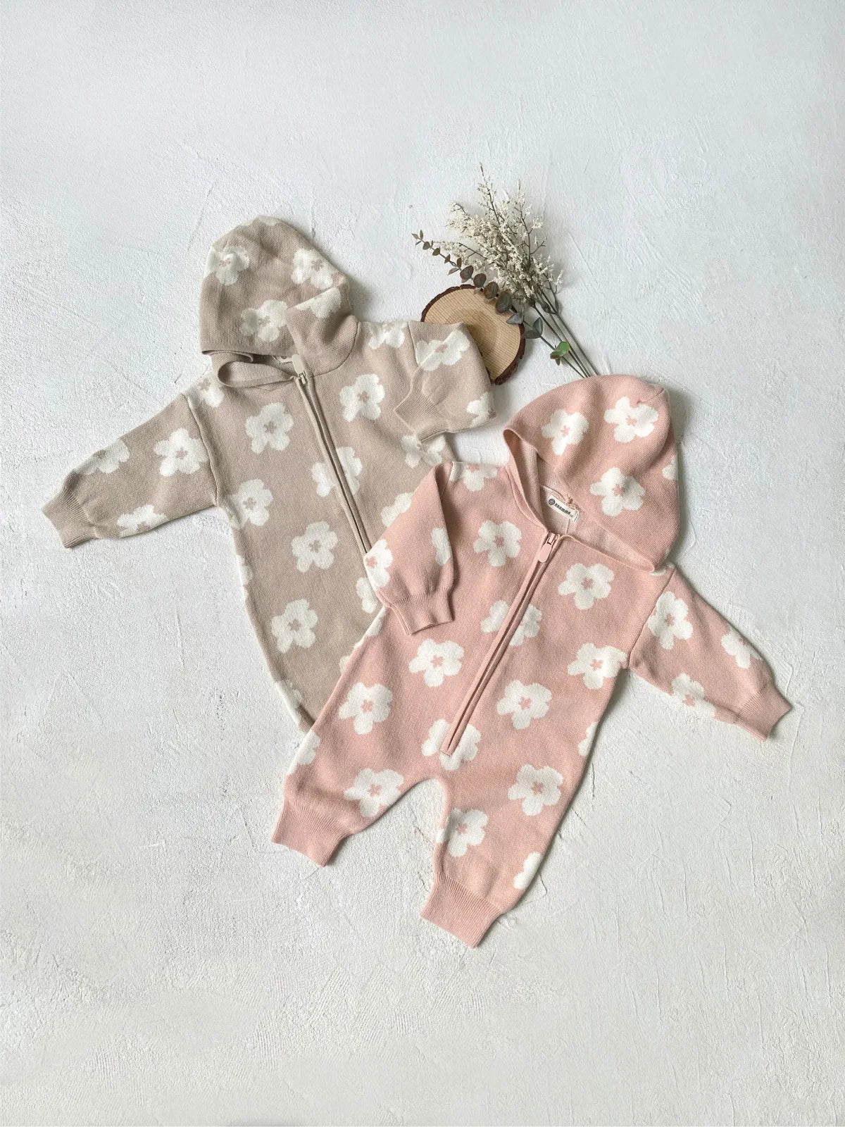 Floral Knitted Zip Up Hooded Jumpsuit Romper