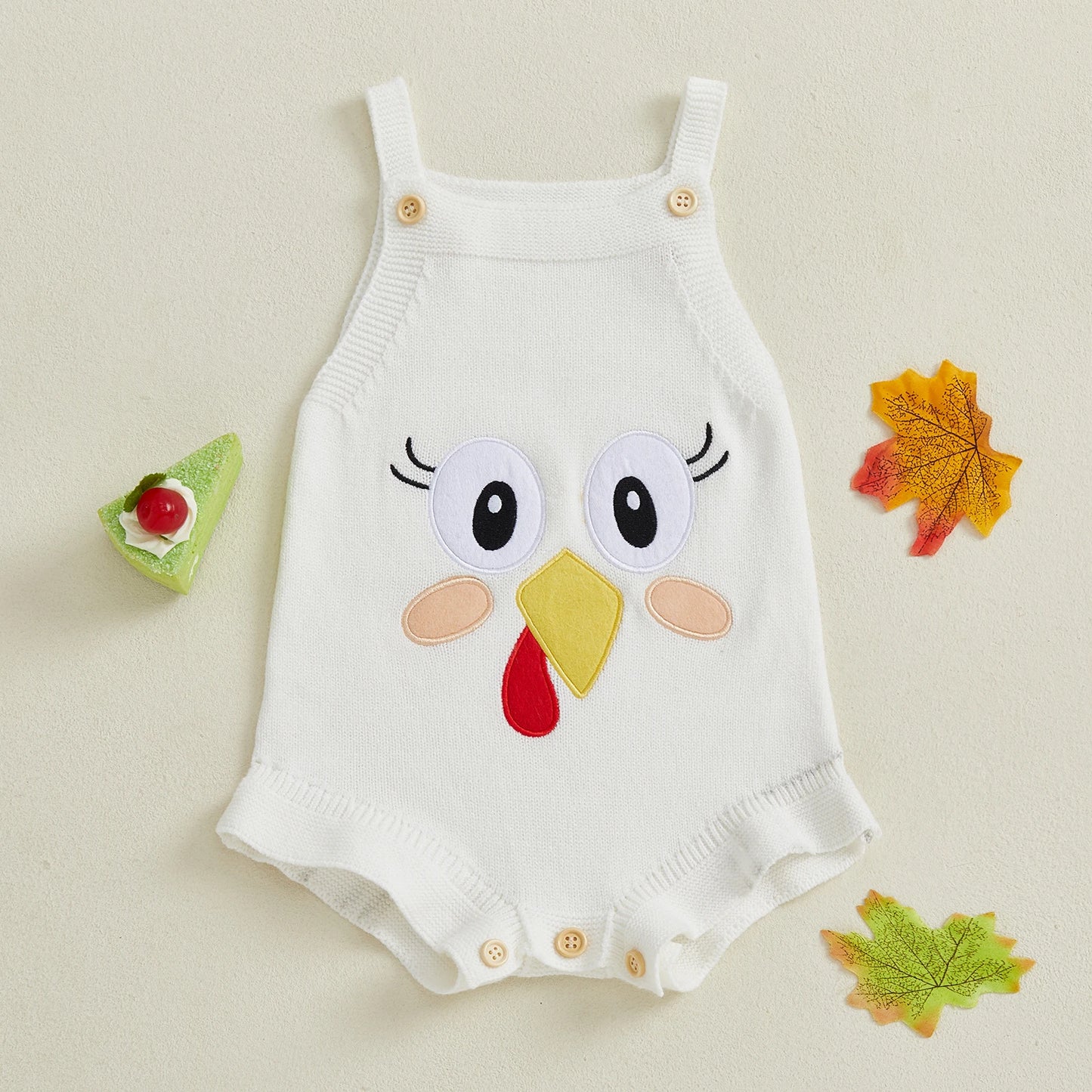 Baby Girl Thanksgiving Knit Romper Cute Turkey Print Square Neck Sleeveless Infant Jumpsuit Overalls