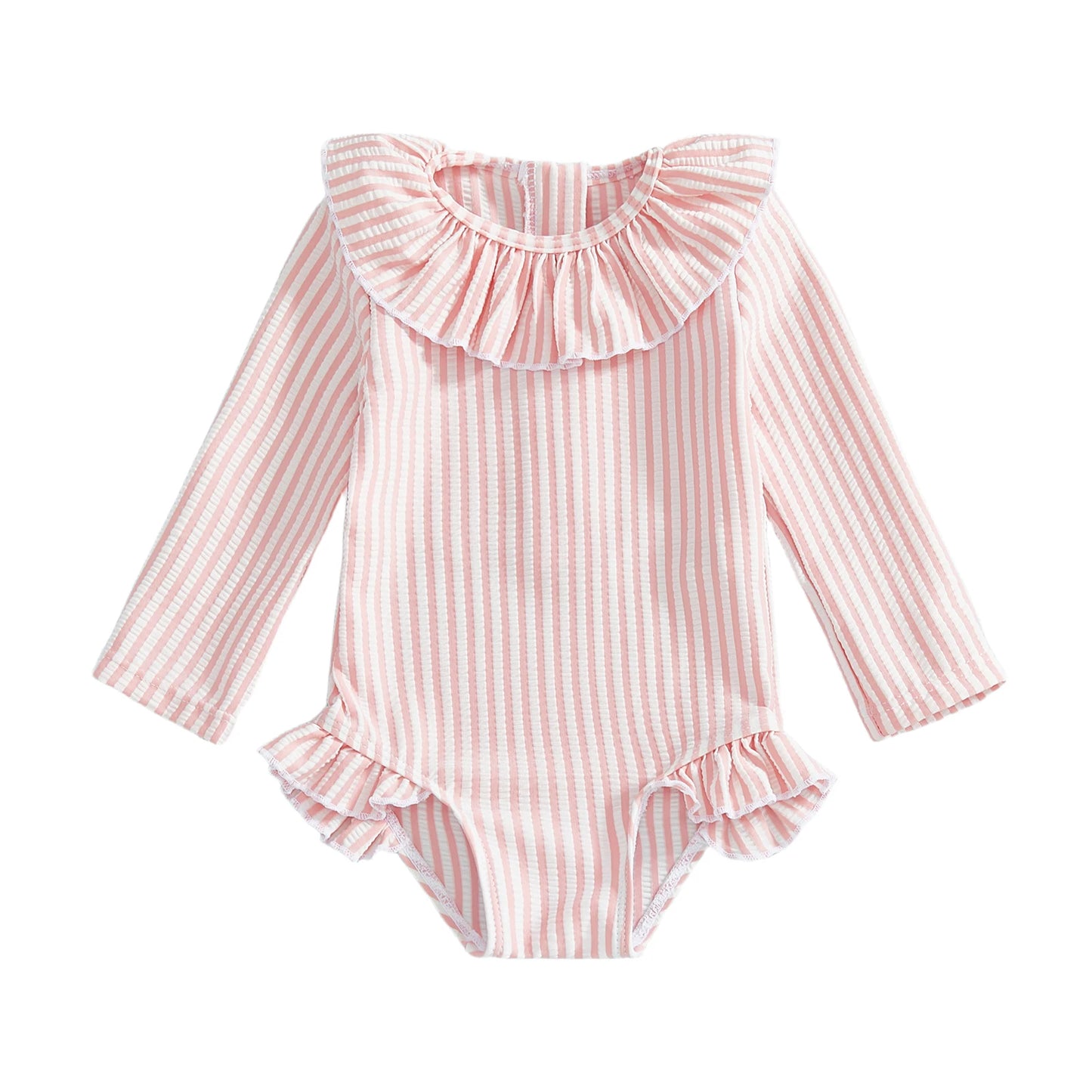 Baby Toddler Girl Rash Guard Swimsuit Long Sleeve Ruffled Collar Striped Swimwear Bathing Suit for Beach Pool