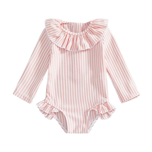 Baby Toddler Girl Rash Guard Swimsuit Long Sleeve Ruffled Collar Striped Swimwear Bathing Suit for Beach Pool