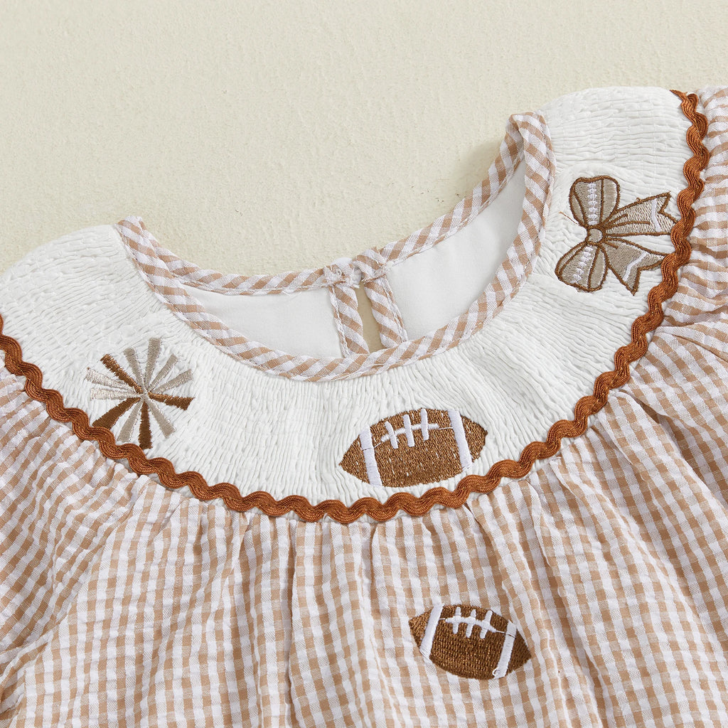 Toddler Kids Girl Dress Loose Fit Football Embroidered Plaid Crew Neck Short Sleeve Dress Summer Fall