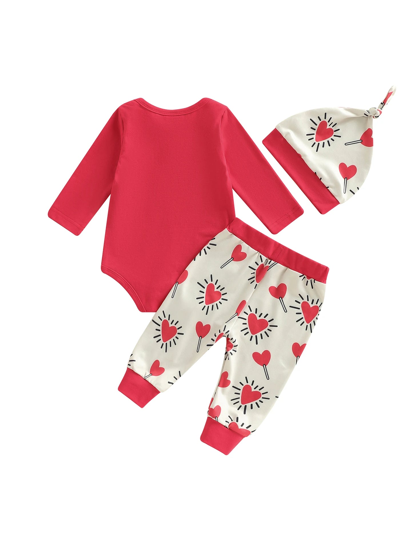 Baby Boy Girl 3Pcs My First Valentine's Day Outfit Letter Print Long Sleeve Romper Heart Candy Pattern Long Pants and Hat 3Pcs Set