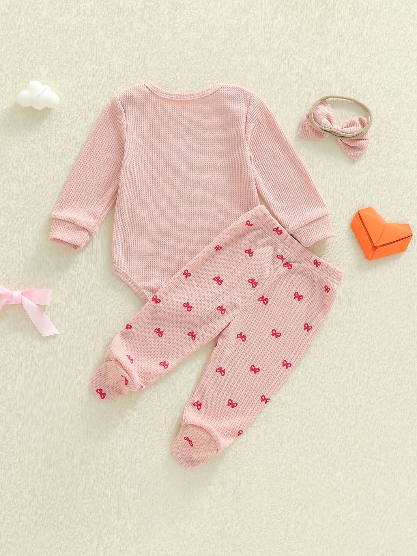 Baby Girl 3Pcs Hello World Spring Outfits Waffle Bow Letter Embroidered Long Sleeve Romper Footie Pants and Bow Headband 3 Pcs Set