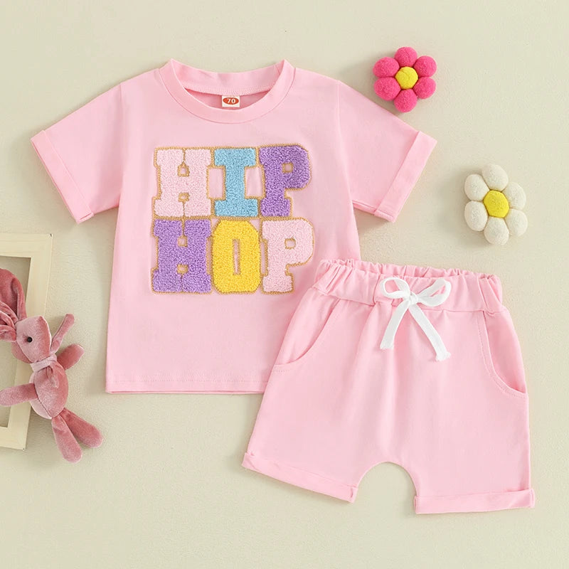 Baby Toddler Boy Girl 2Pcs Easter Set HIP HOP Letter Embroidery Short Sleeve T-Shirt with Solid Color Short Outfit