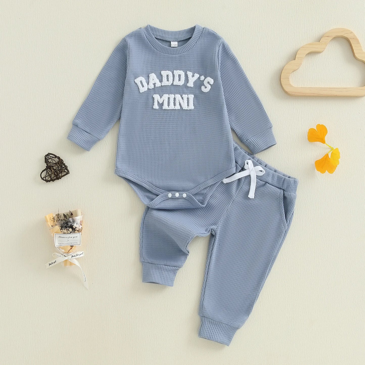 Baby Boy 2Pcs Daddy's Mini Fall Outfit Letter Embroidery Long Sleeve Romper Elastic Waist Jogger Pants 2Pcs Set