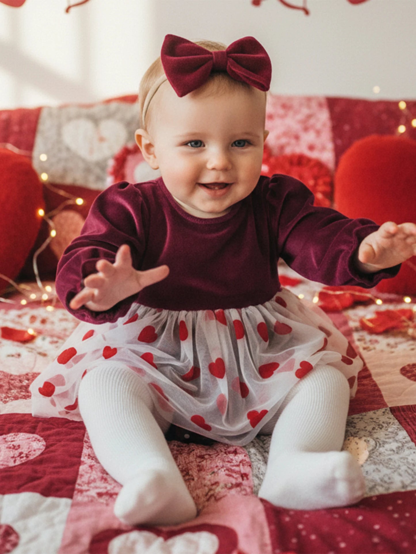 Baby Girls 2Pcs Valentine's Day Romper Dress Long Sleeve Heart Print Tulle Skirt Jumpsuits Headband Bow Set