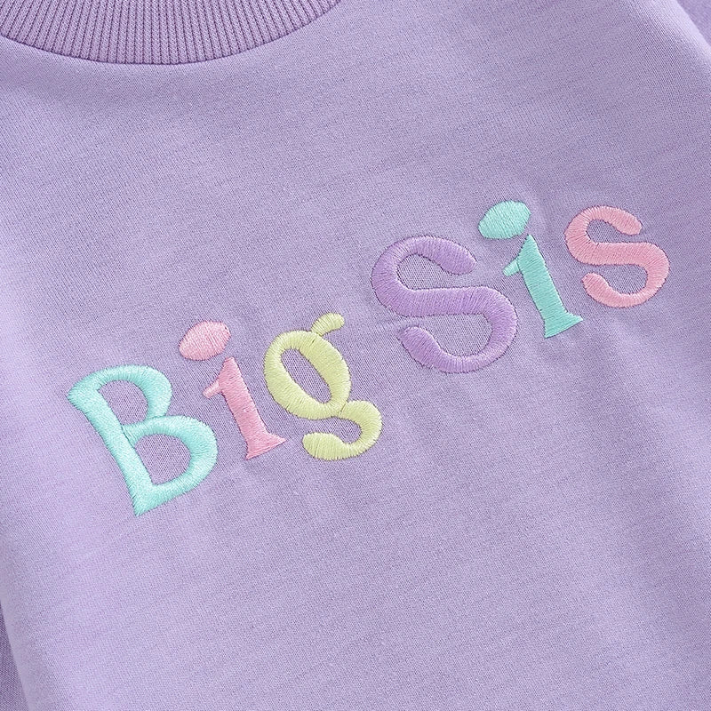 Toddler Baby Girls Clothes Sister Matching Outfits Letter Big Little Sis Embroidery Long Sleeve Bubble Romper or Long Sleeve Top