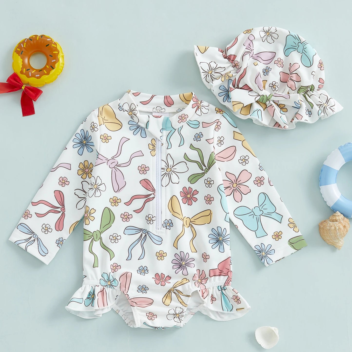 Baby Toddler Girls 2Pcs Swimsuit Long Sleeve Floral/Bow Print Ruffles Bathing Suit Swimwear with Swim Cap Set