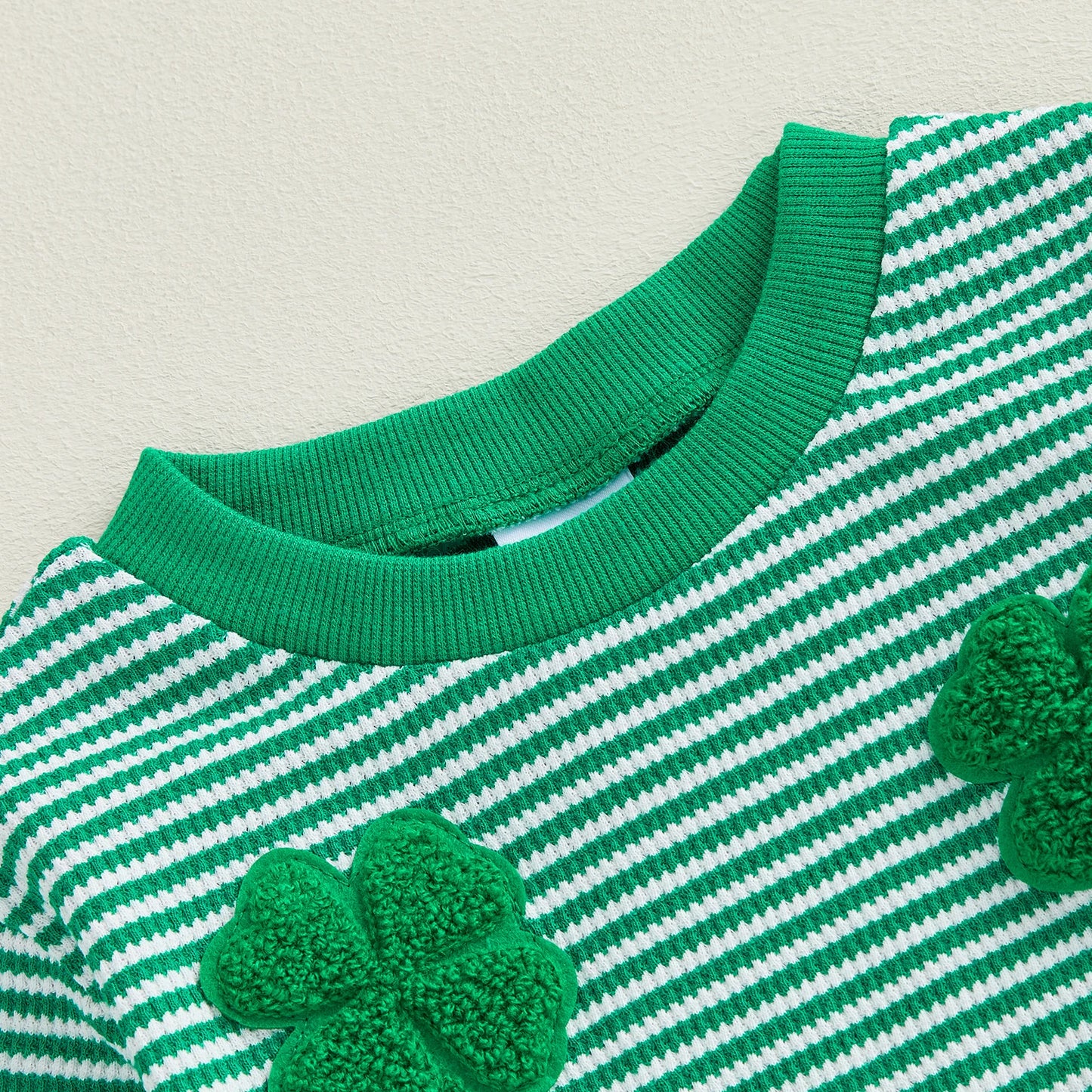 Baby Toddler Boy 2Pcs Spring Outfit Four-Leaf Clover Embroidery Long Sleeve O-Neck Pullover + Elastic Waist Stripe Pants St. Patrick's Day Jogger Set