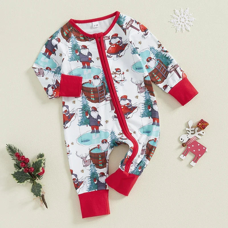 Baby Toddler Girls Boys Rompers Christmas Clothes Santa Print Long Sleeve Jumpsuit