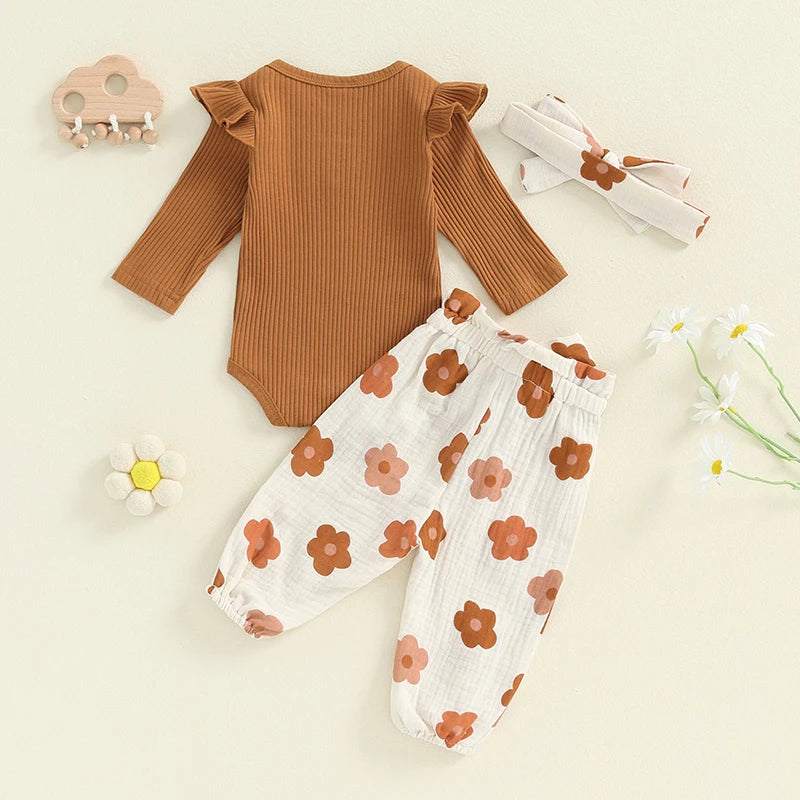 Baby Girls 3Pcs Fall Outfit Long Sleeve Ribbed Romper + Floral Flower Print Pants + Headband Set