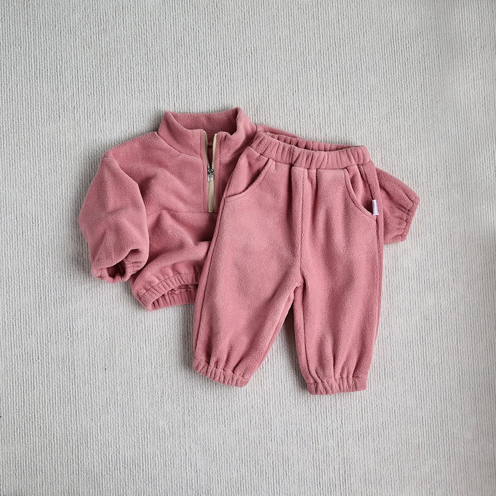 Baby Toddler Boys Girls 2Pcs Sports Sets Fleece Solid Long Sleeve Top Quarter Zip Elastic Waist Pants Outfit