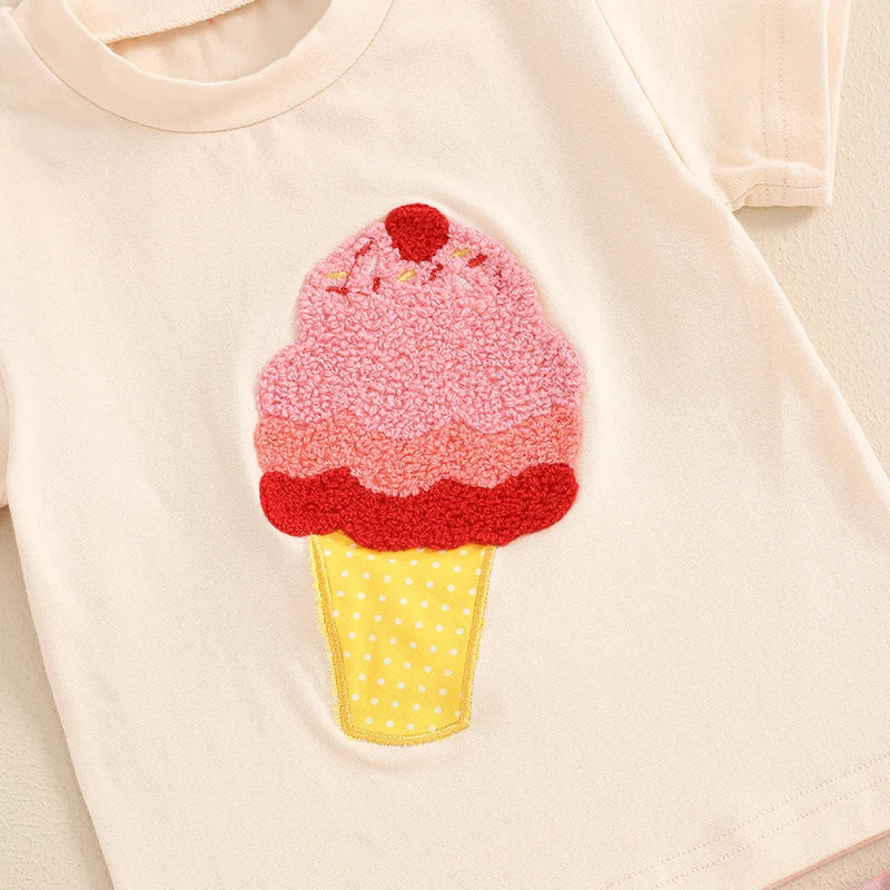 Baby Toddler Girl Boy 2Pcs Summer Outfit Ice Cream Embroidery Short Sleeve Top and Elastic Shorts Set