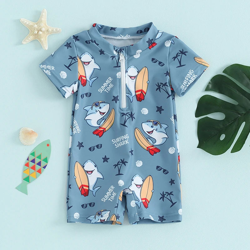 Baby Toddler Boys Swimwear Short Sleeve Cartoon Print Shark Whale Front Zipper Bathing Suit Swimsuit Romper