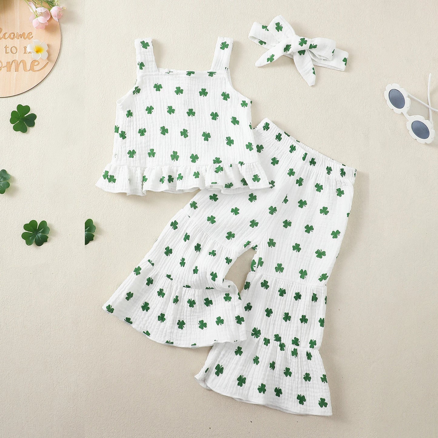 Baby Toddler Girls 3Pcs St. Patrick's Day Outfit Shamrock Print Sleeveless Top and Elastic Waist Flared Pants Set