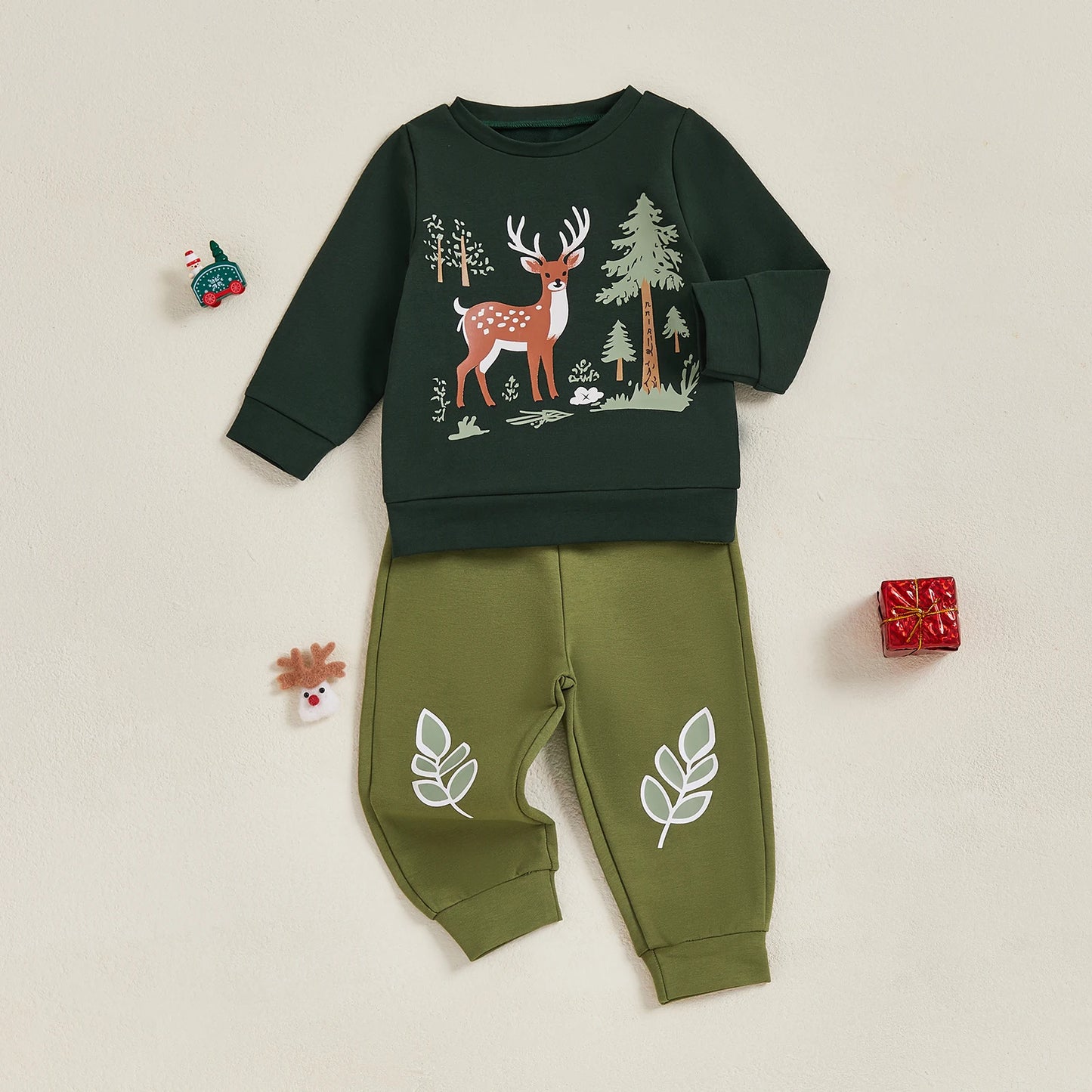 Baby Toddler Boys 2Pcs Christmas Clothes Reindeer Tree Winter Print Long Sleeve Round Neck Pullover Elastic Waist Long Jogger Pants