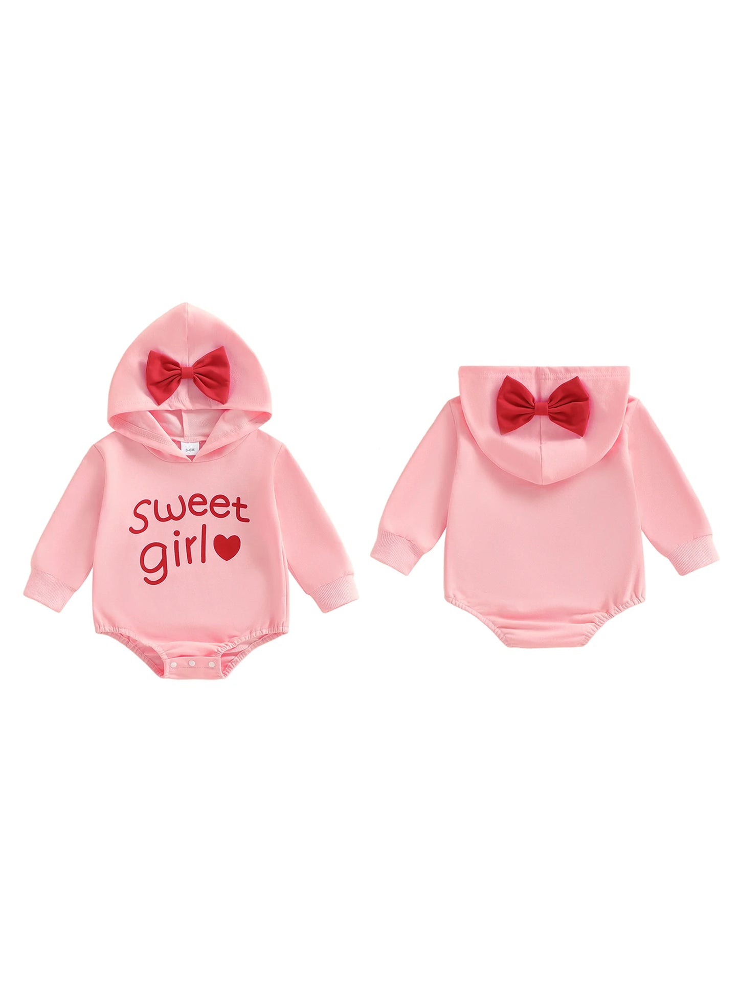 Baby Girl Bow Hooded Romper Letter Sweet Girl Heart Print Long Sleeve Jumpsuit Casual Bodysuit