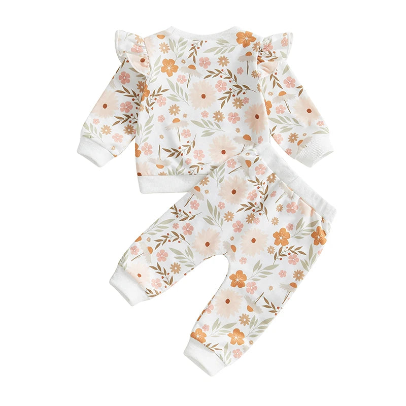 Baby Toddler Girls 2Pcs Fall Set Long Sleeve O Neck Floral Flowers Print Top Drawstring Pants Outfit