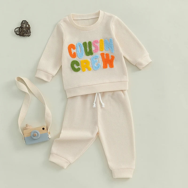 Baby Toddler Girls Boys 2Pcs Cousin Crew Set Long Sleeve O-Neck Embroidery Letter Top with Elastic Waist Pants Outfit Set