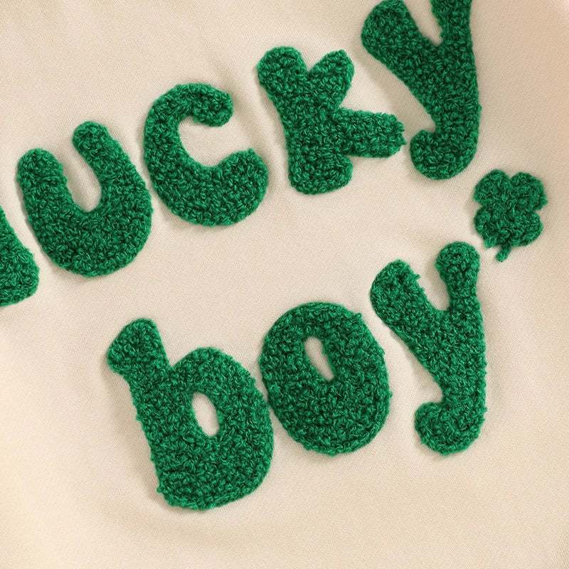 Baby Toddler Boys Lucky Boy St. Patrick's Day Irish Spring Letter Clover Shamrock Embroidered Long Sleeve O-Neck Casual Pullover Top