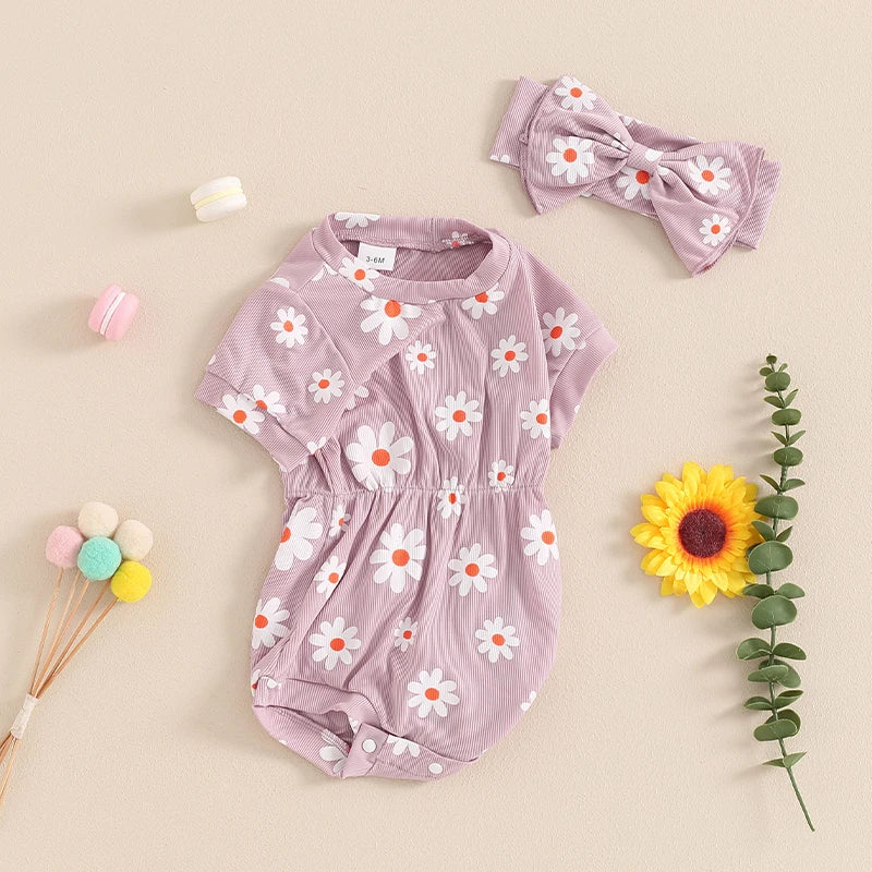 Baby Girls 2Pcs Romper Short Sleeve O Neck Flower Daisy Print Floral Jumpsuit with Headband Set