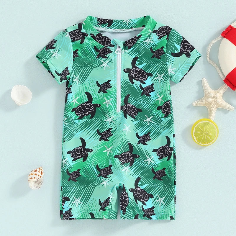 Baby Toddler Boys Summer Swimsuit Rompers Short Sleeve Turtle/Shark Print Zipper Bathing Suit Swimwear Romper
