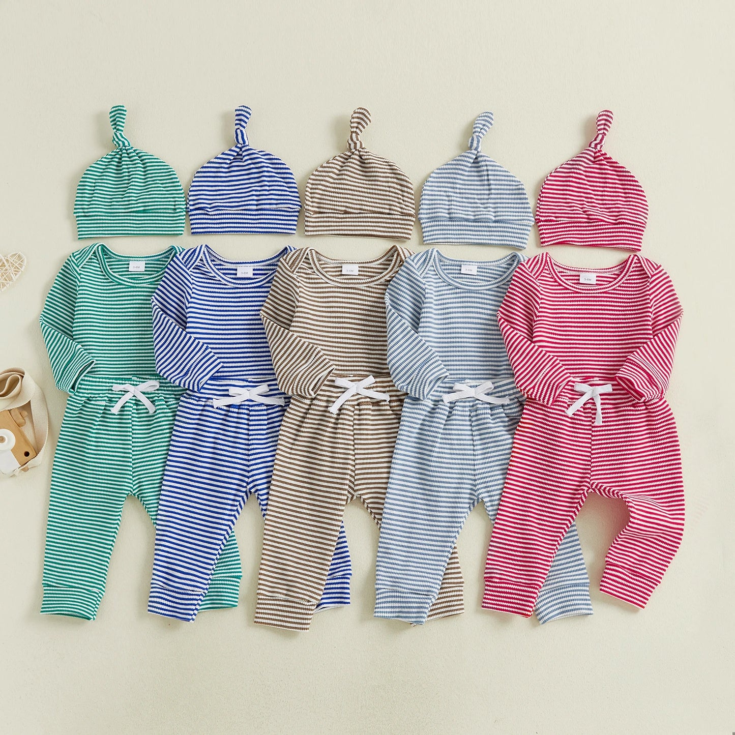 Baby Boys Girls 3Pcs Outfits Striped Crew Neck Long Sleeve Romper with Pants and Cap Beanie Hat Set