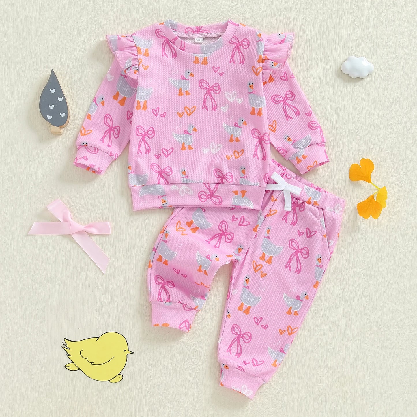 Baby Toddler Girls 2Pcs Fall Outfit Goose Bow Print Long Sleeve Round Neck Pullover Elastic Waist Pants Jogger Set