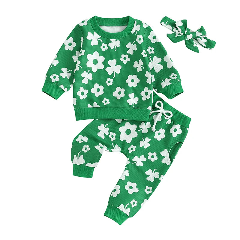 Toddler Baby Girl Boy 3Pcs St. Patrick's Day Outfit Long Sleeve Flower Shamrock Print Crewneck Top Pants with Bow Headband Set