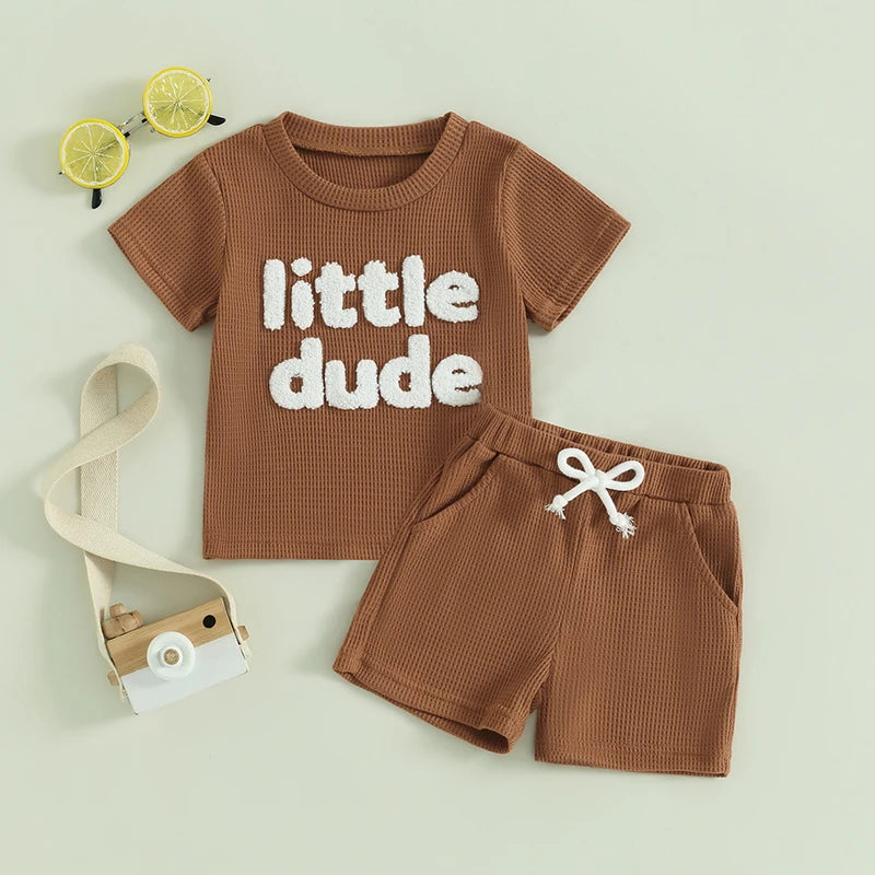 Baby Toddler Boys 2Pcs Little Dude Summer Outfit Short Sleeve Letter Print Top Solid Color Drawstring Shorts Set